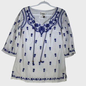 Eci Tunic Blouse Womens Small Cotton White with Blue Embroidery Tassels Boho